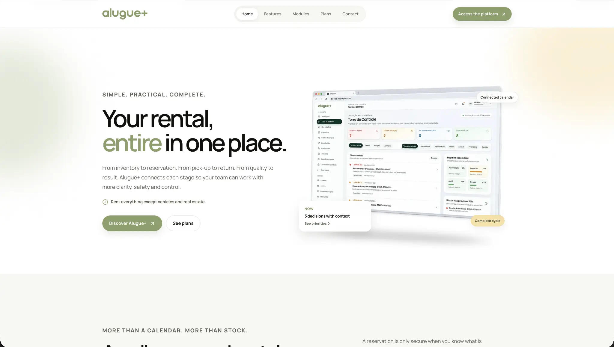 Alugue+ English homepage shown in a MacBook mockup