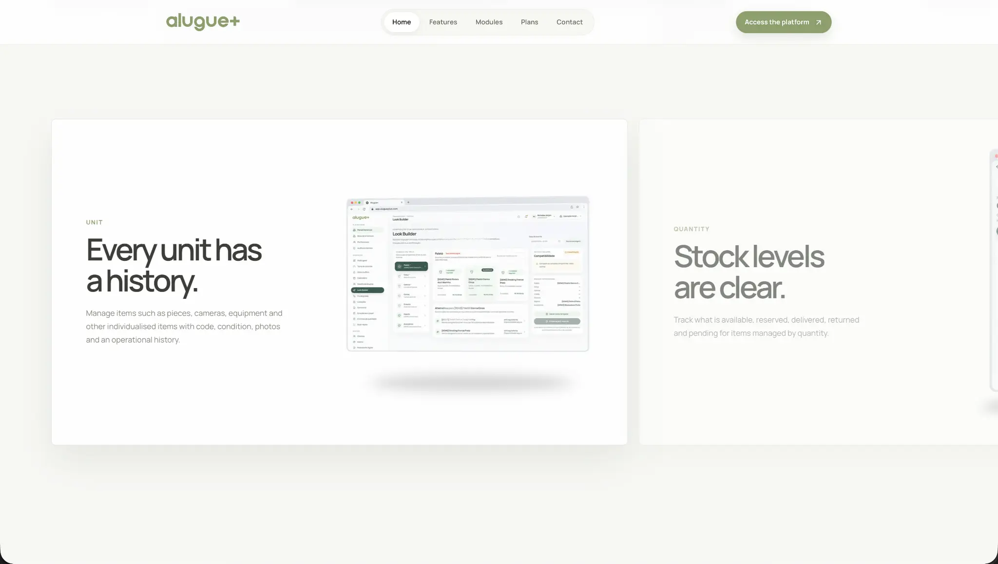 Alugue+ item history screen shown in a MacBook mockup