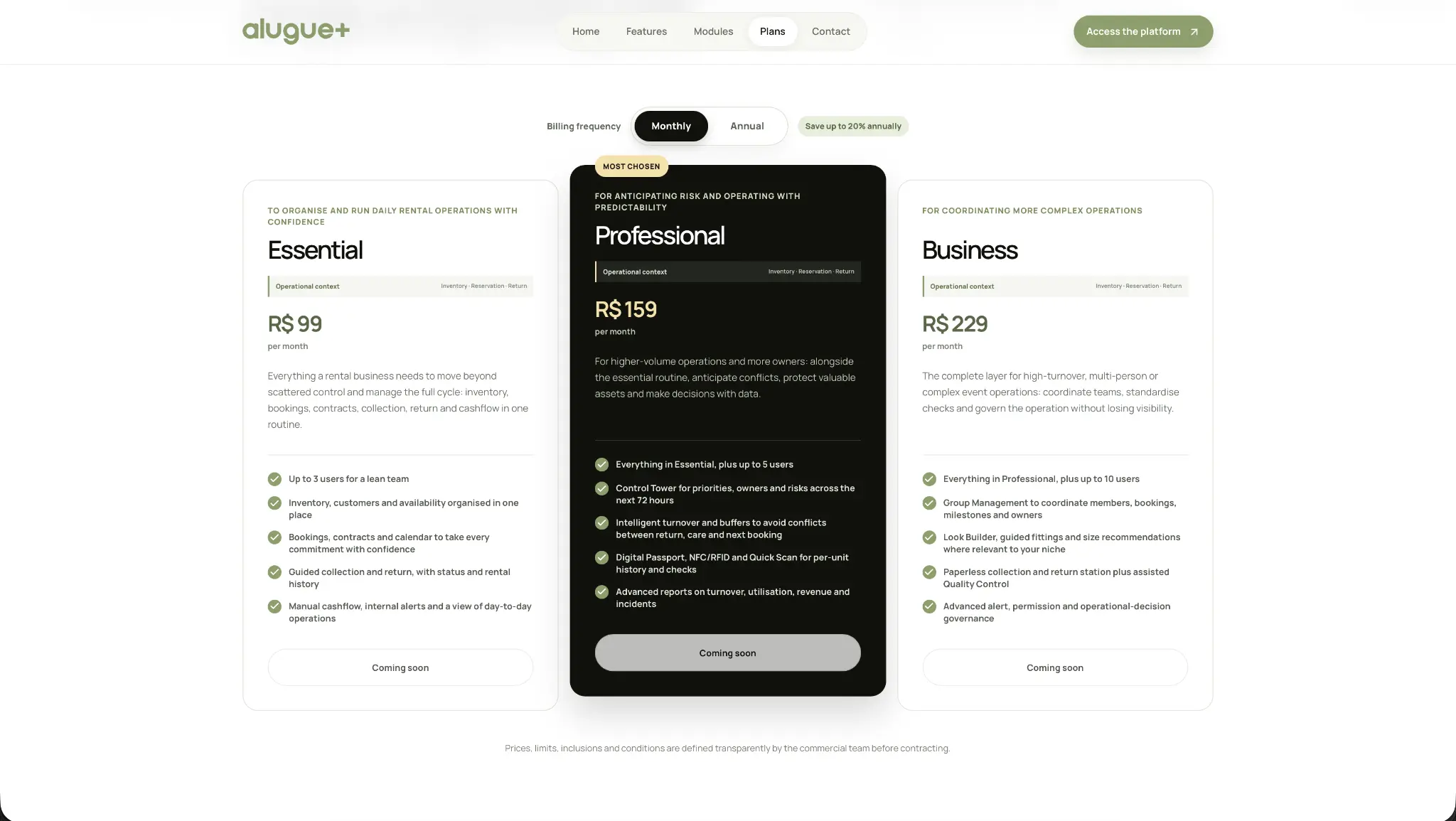Alugue+ pricing plans shown in a MacBook mockup