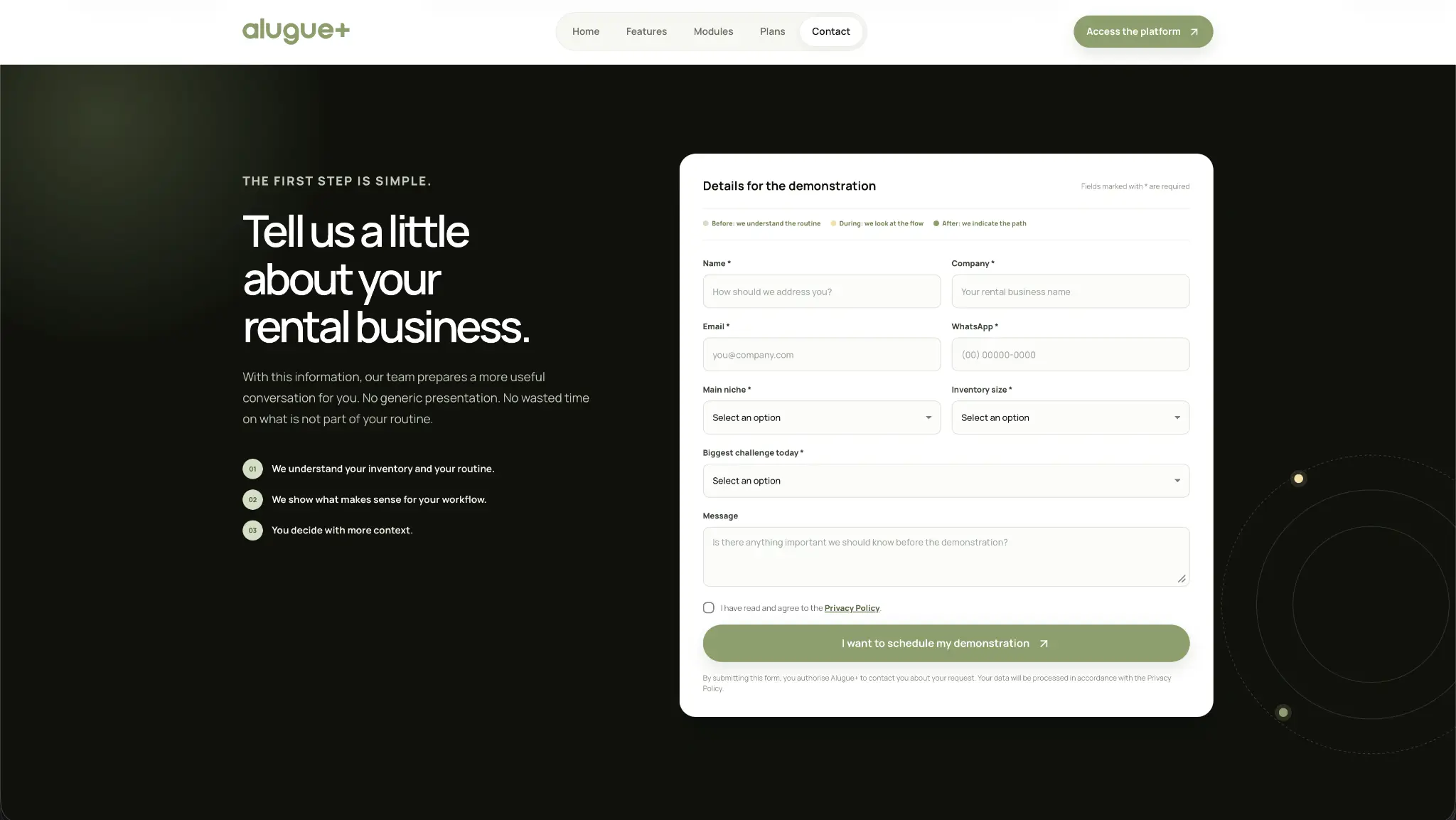 Alugue+ contact page shown in an Apple Display mockup