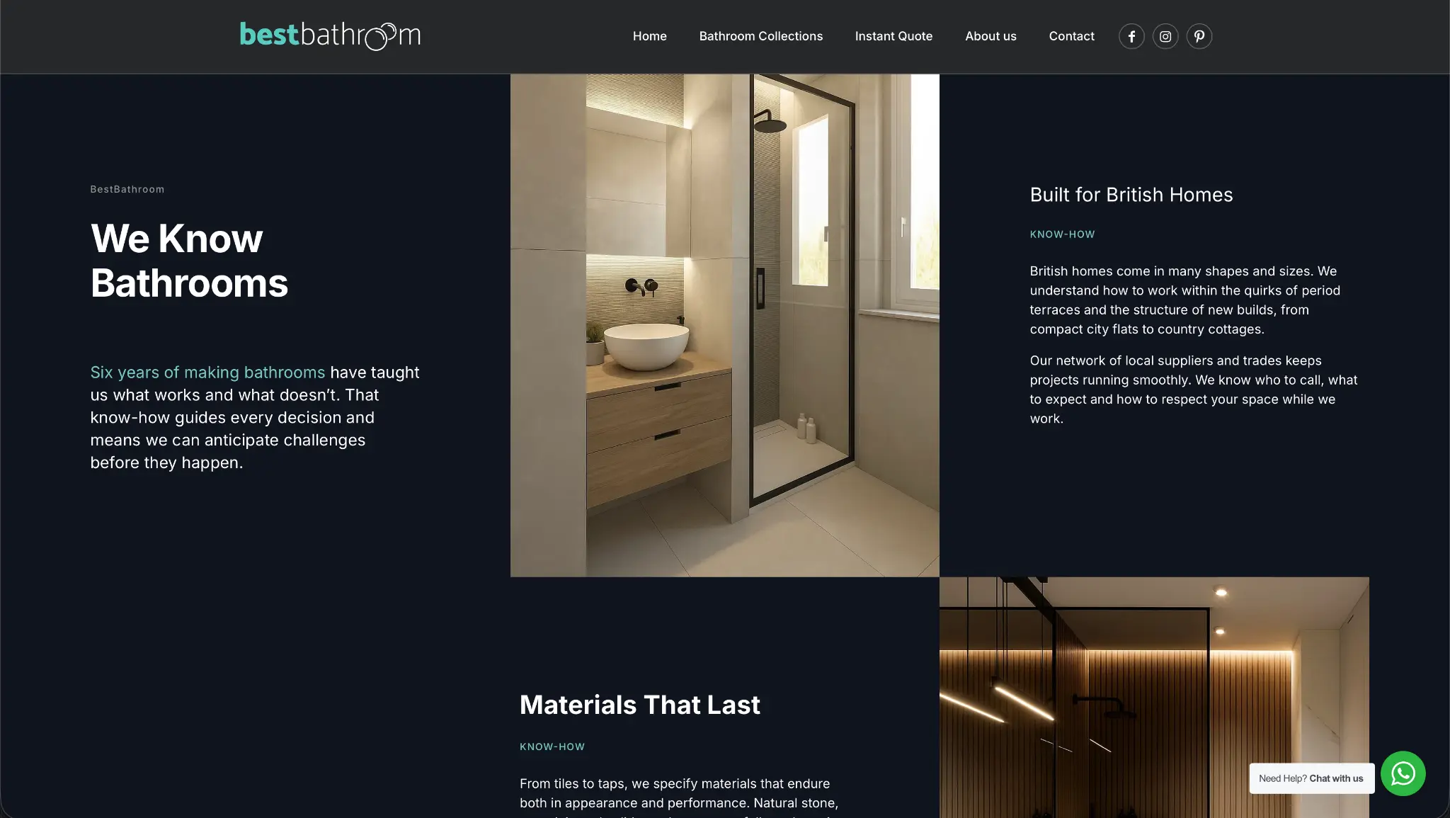 BestBathroom materials and British-home expertise page shown in a three-dimensional MacBook mockup