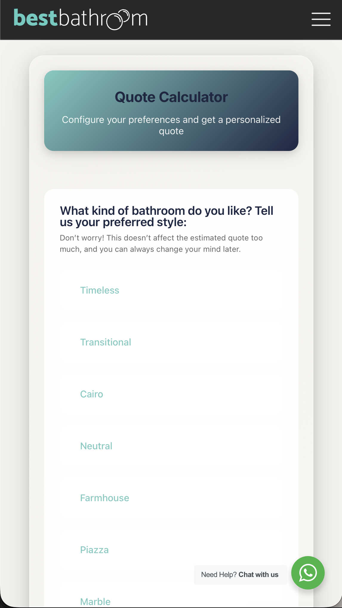 BestBathroom mobile quote calculator shown in a three-dimensional phone mockup